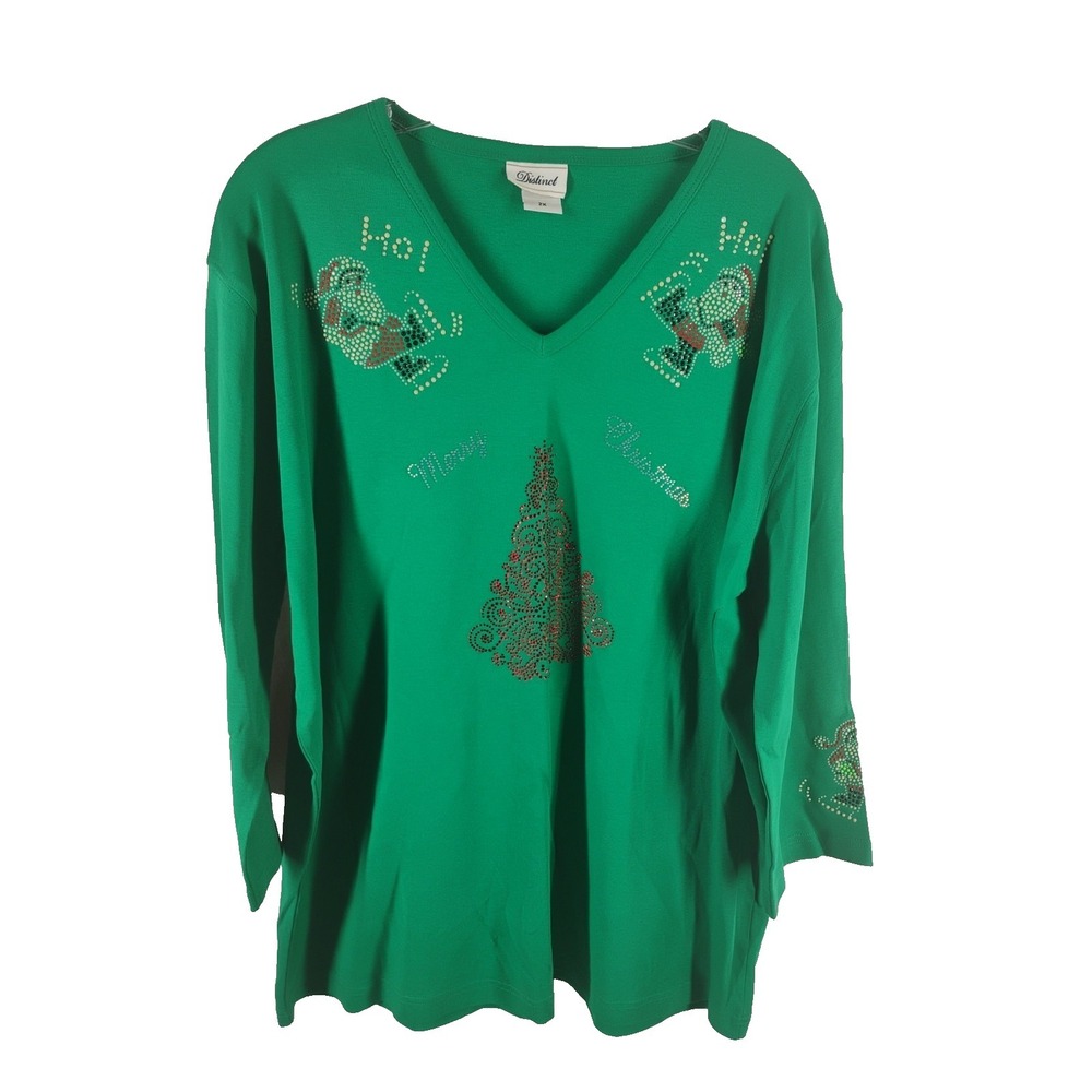 Distinct Womens‎ 2X Green Merry Christmas Vneck Shirt Embellished